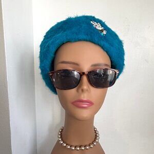 Vintage 60s Coronet Italy Pillbox Toque A&S Furry Fuzzy Turquoise Brooch Hat